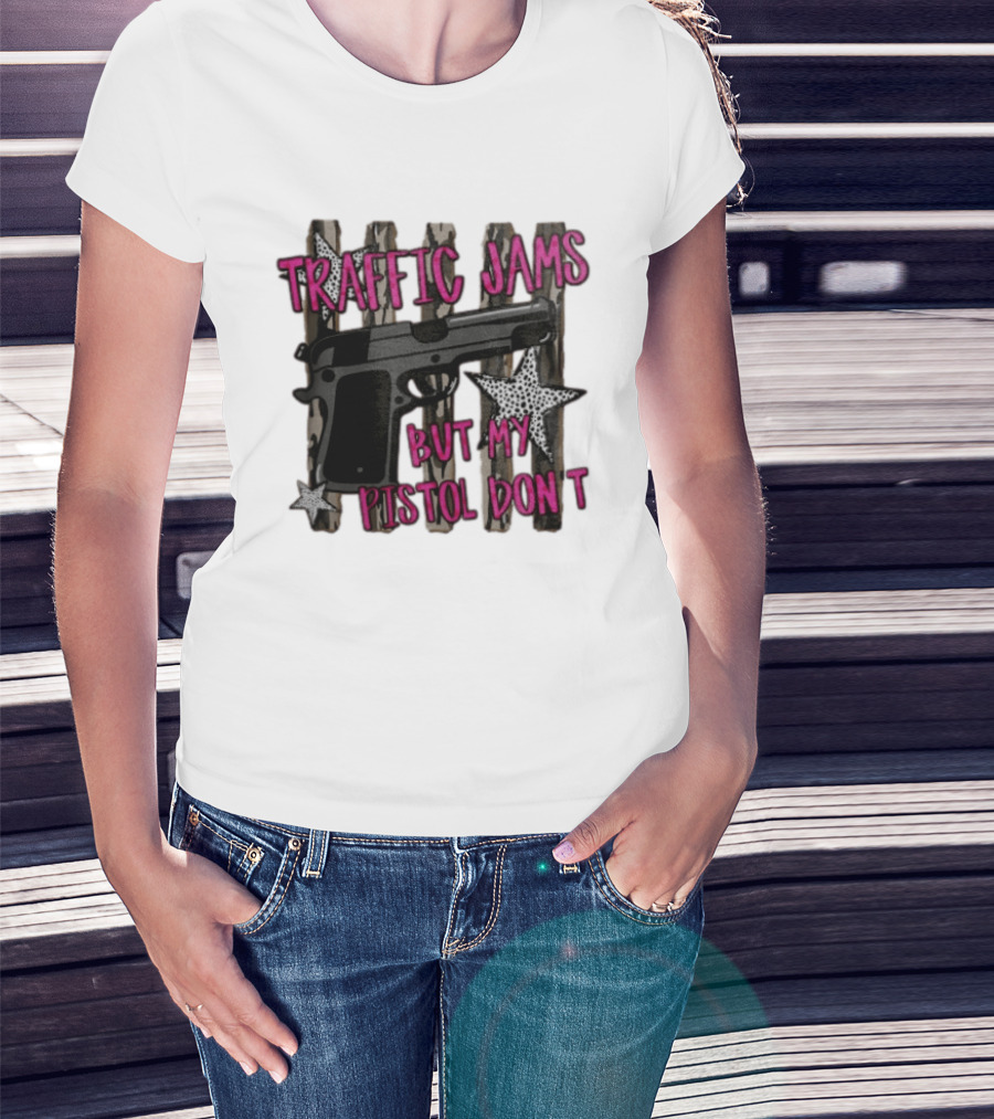 Traffic Jams But My Pistol Don't Handgun Over Stripes Leopard T-Shirt