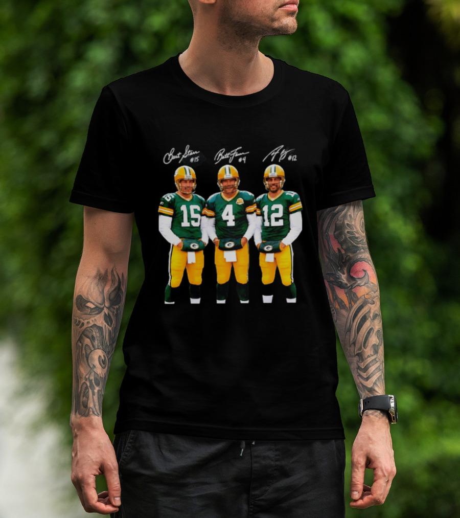 Bart Starr #15 Brett Favre #4 Aaron Rodgers #12 Green Bay Packers Signatures T-Shirt