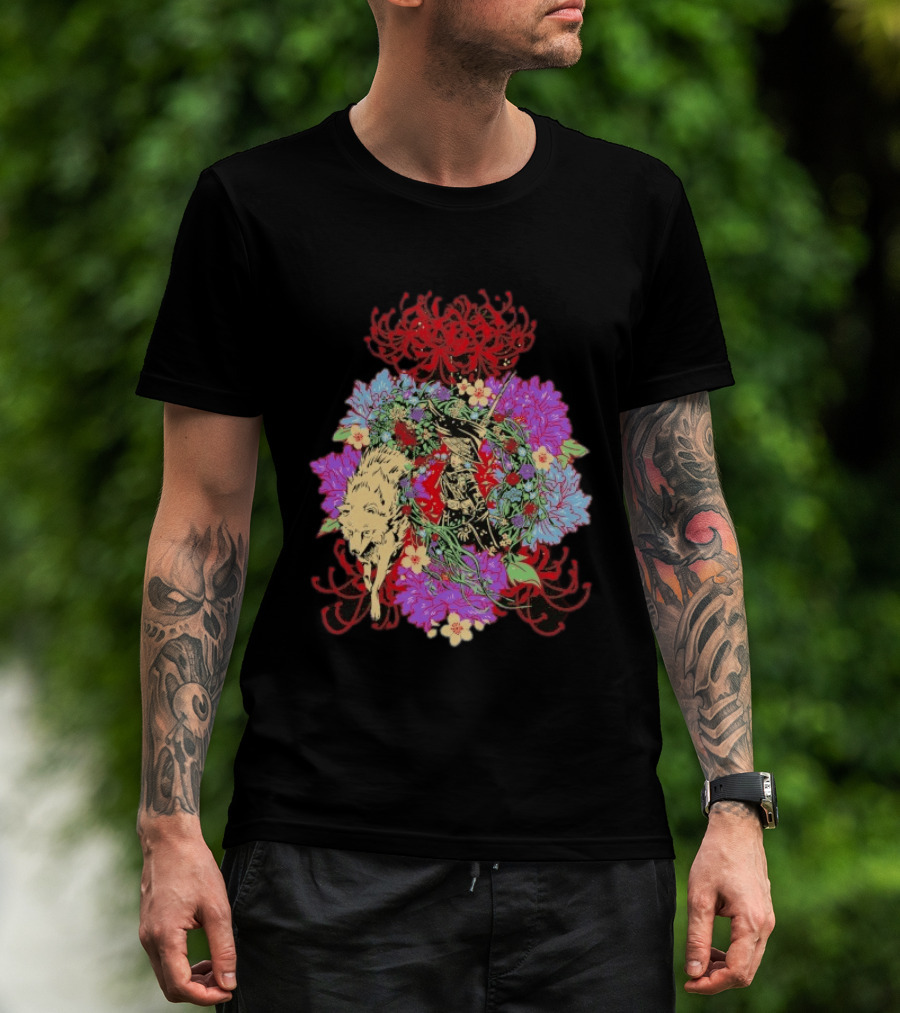 Beast Of Reincarnation Blooming Artistic Floral Samuraи Wolf Fusion T-Shirt
