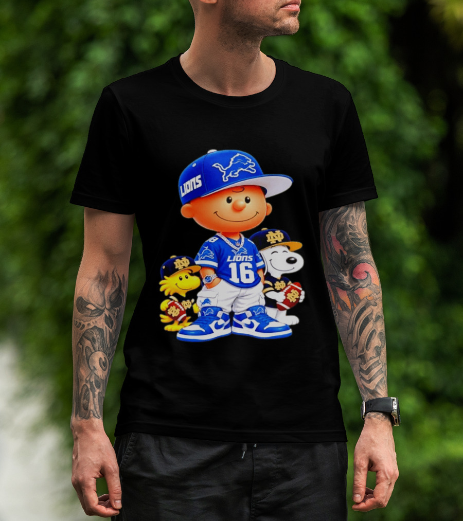 Charlie Brown Snoopy Woodstock Detroit Lions 16 Jersey Notre Dame Iconic Peanuts Characters T-Shirt