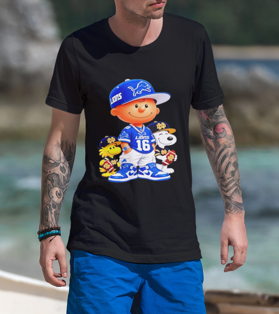 Charlie Brown Snoopy Woodstock Detroit Lions 16 Jersey Notre Dame Iconic Peanuts Characters T-Shirt