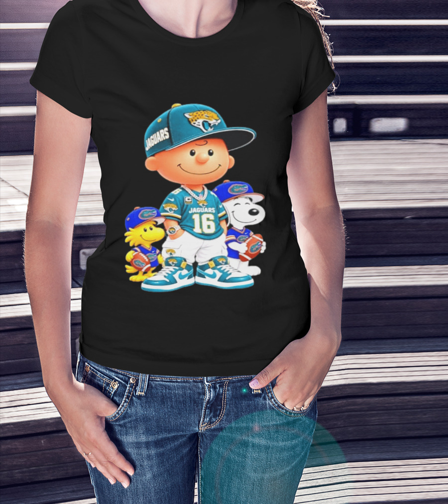 Charlie Brown With Snoopy And Woodstock Jacksonville Jaguars 16 Jersey Peanuts Football Fan Gear T-Shirt