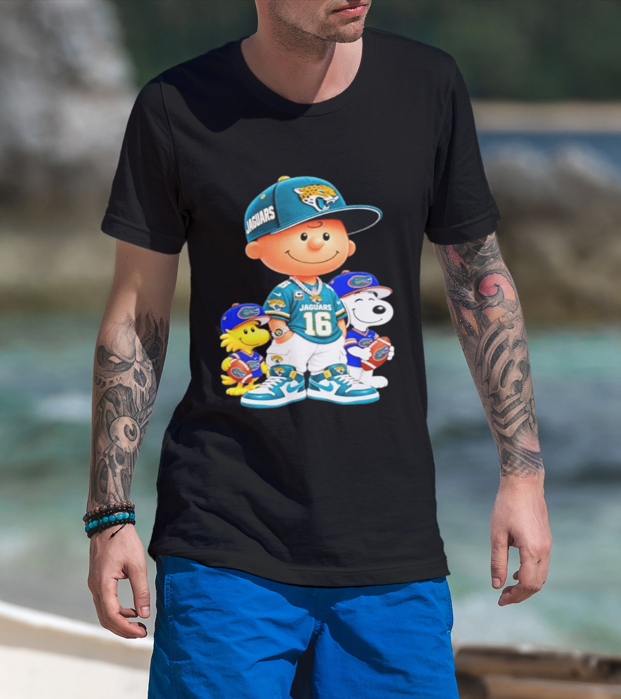 Charlie Brown With Snoopy And Woodstock Jacksonville Jaguars 16 Jersey Peanuts Football Fan Gear T-Shirt