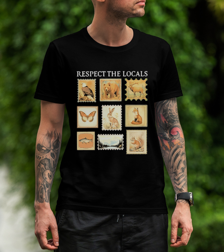 Respect The Locals Wildlife Stamp Collection With Bear Fox And Eagle T-Shirt
