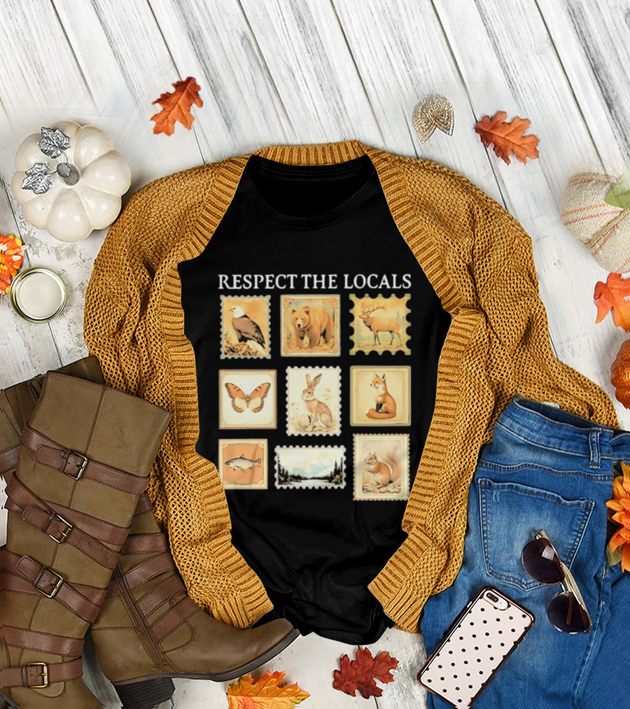 Respect The Locals Wildlife Stamp Collection With Bear Fox And Eagle T-Shirt