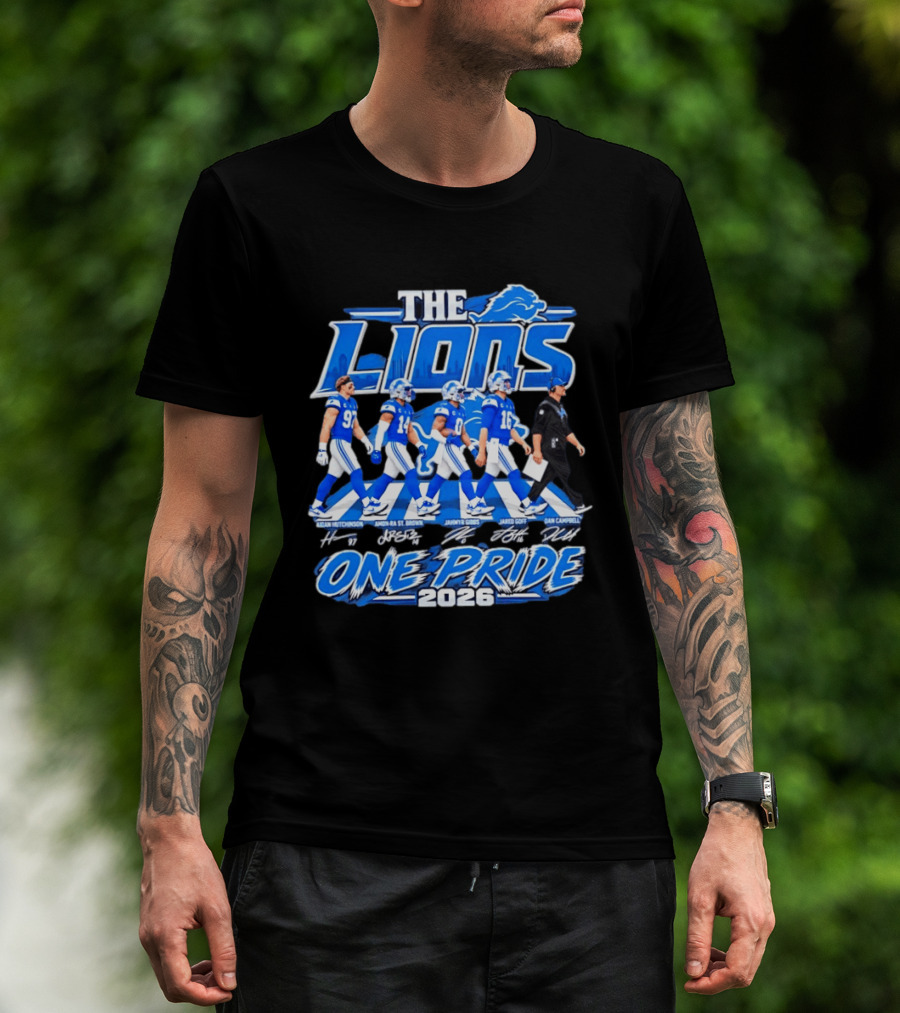 Detroit Lions The Lions One Pride Abbey Road 2026 Aidan Hutchinson Jahmyr Gibbs Jared Goff Dan Campbell T-Shirt