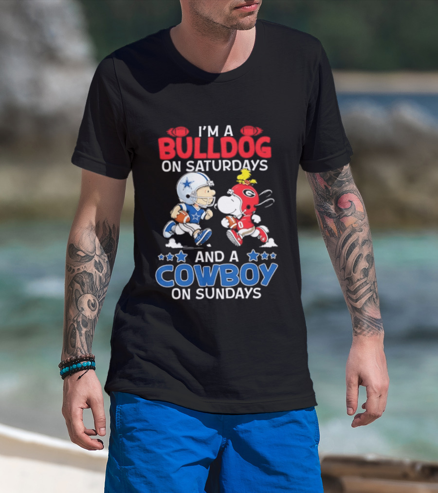 Snoopy And Charlie Brown Bulldog Saturdays Cowboy Sundays T-Shirt