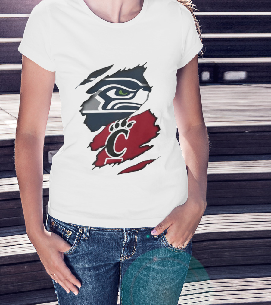 Seattle Seahawks Cincinnati Bearcats Ripped Fabric Fan T-Shirt