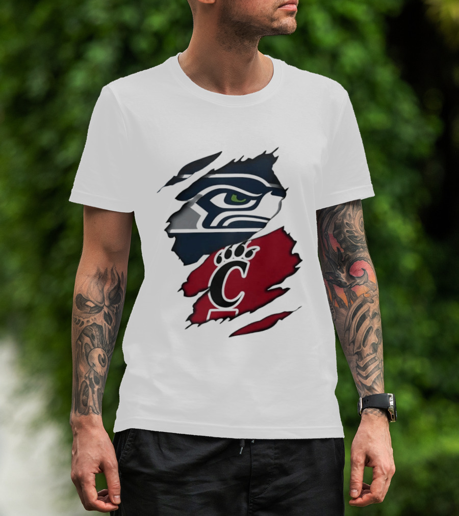 Seattle Seahawks Cincinnati Bearcats Ripped Fabric Fan T-Shirt