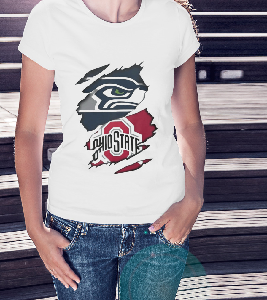 Seattle Seahawks Ohio State Buckeyes Distressed Logo Fusion T-Shirt