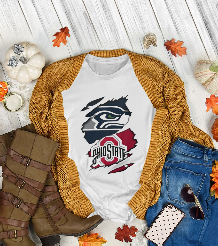 Seattle Seahawks Ohio State Buckeyes Distressed Logo Fusion T-Shirt