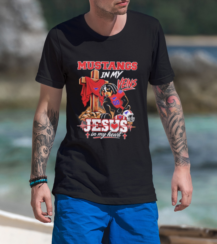 Mustangs In My Veins Football Faith Jesus In My Heart T-Shirt