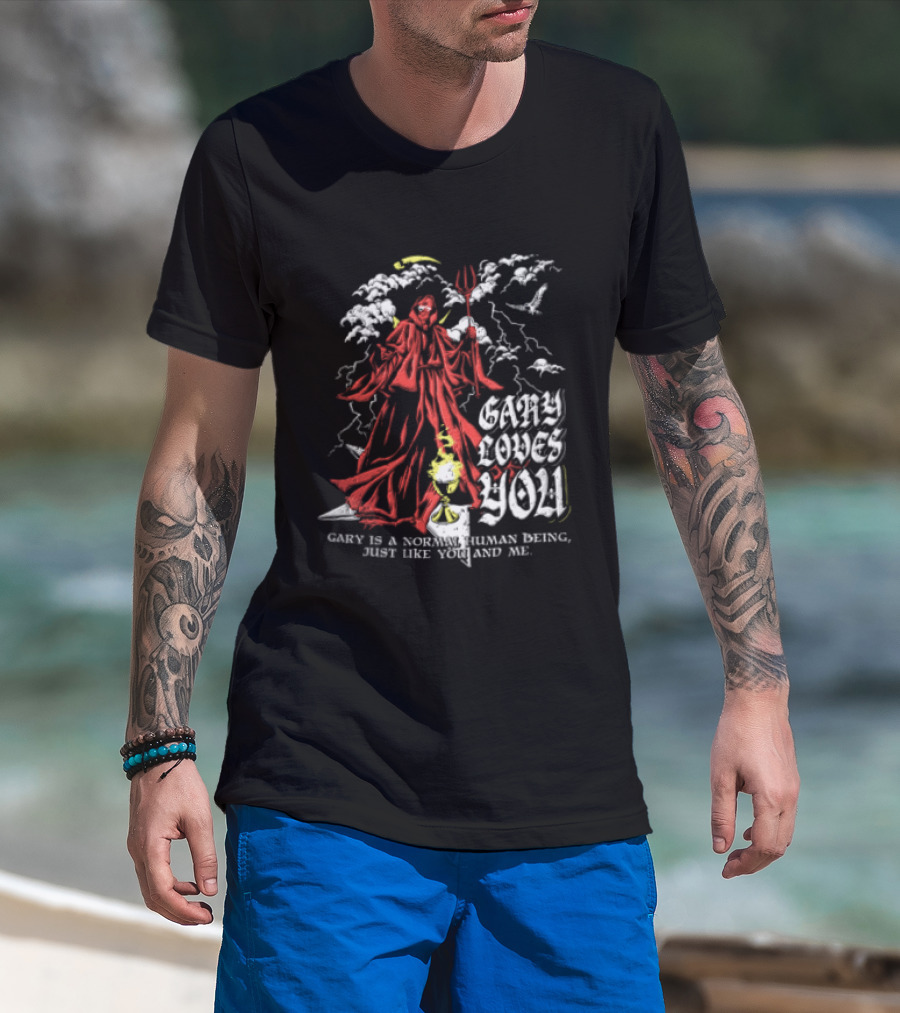 Gary Loves You Gary Is A Normal Human Being Just Like You And Me Red Cloaked Figure With Lightning And Clouds T-Shirt