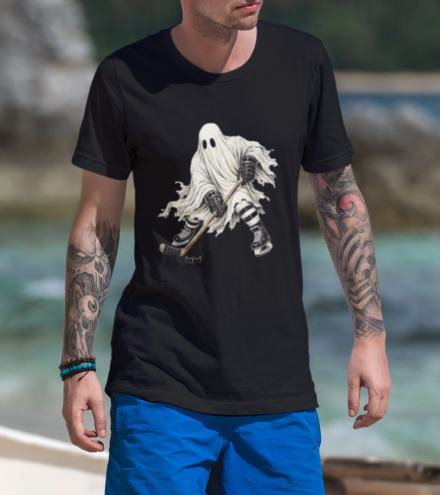 Halloween Ghost Playing Ice Hockey Costume Fun T-Shirt
