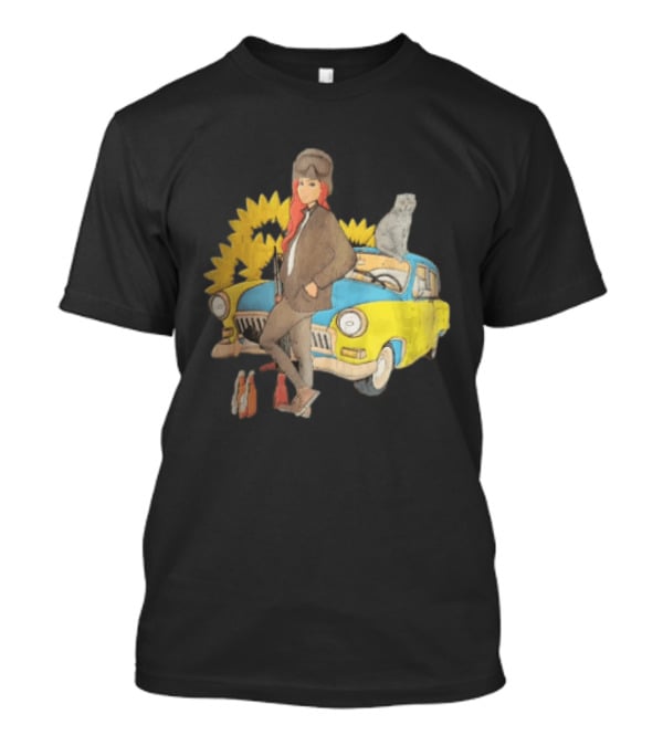 Woman Soldier With Cat On Vintage Car And Sunflowers T-Shirt