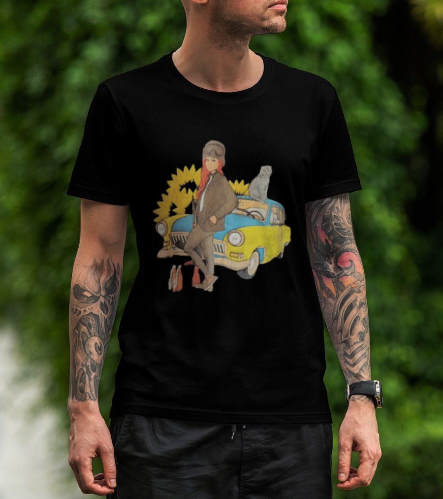 Woman Soldier With Cat On Vintage Car And Sunflowers T-Shirt
