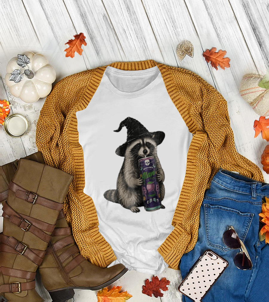 Alani Witches Brew Raccoon Witch Hat Can Holding T-Shirt