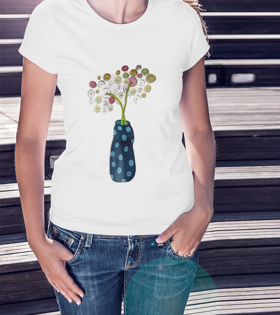 Polka Dot Vase With Colorful Button Flowers T-Shirt