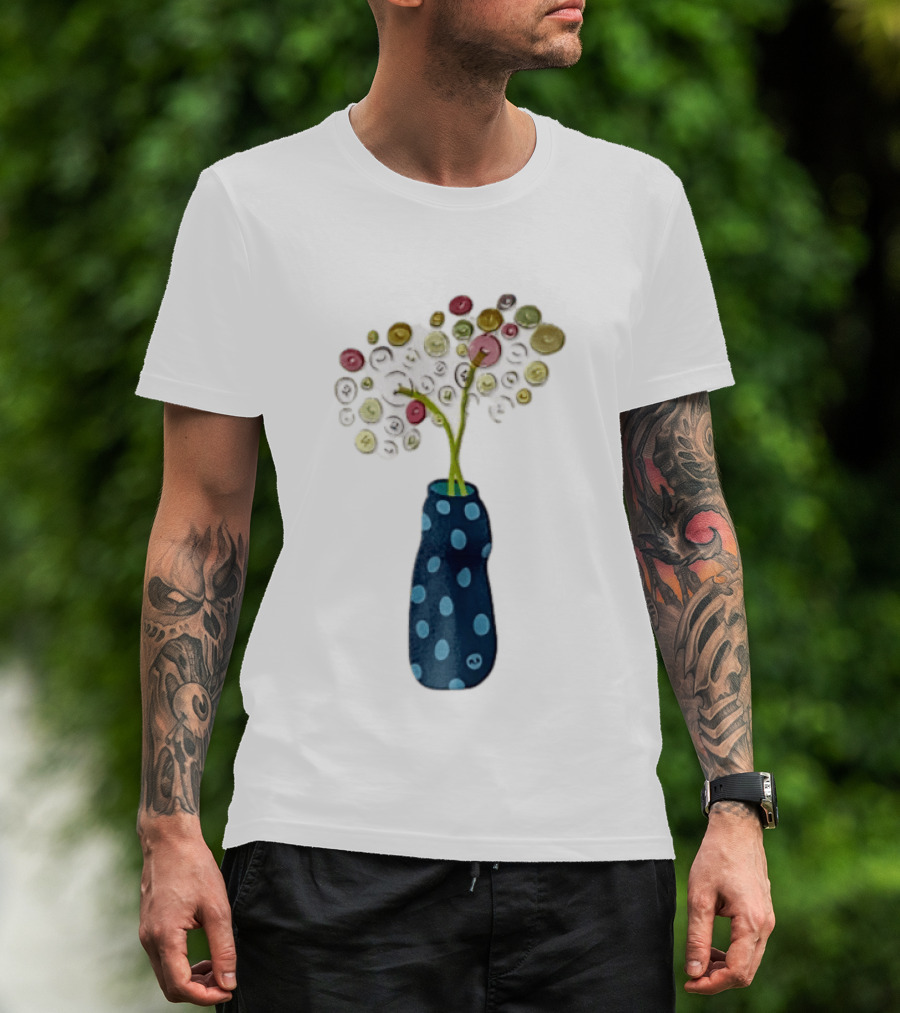 Polka Dot Vase With Colorful Button Flowers T-Shirt