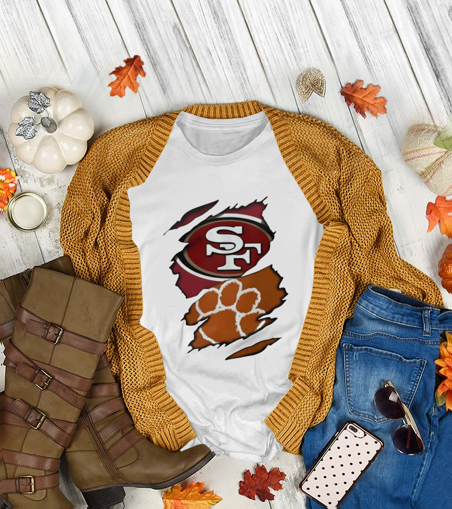 San Francisco 49ers SF And Clemson Tigers Paw Ripped Fabric T-Shirt