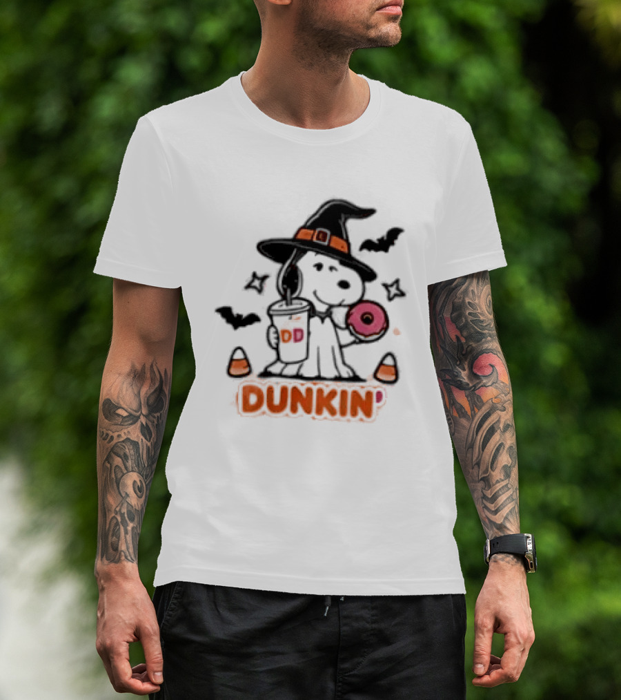 Snoopy Dunkin Donuts Halloween Witch Doughnut Coffee Cup Bats Candy Corn T-Shirt