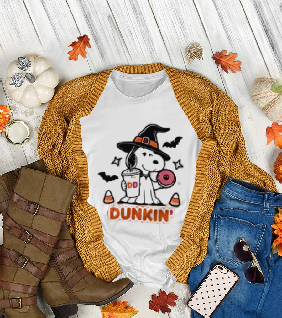 Snoopy Dunkin Donuts Halloween Witch Doughnut Coffee Cup Bats Candy Corn T-Shirt