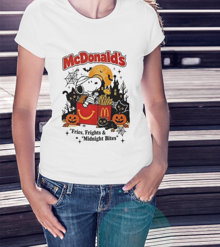 Snoopy McDonald's Halloween Fires Frights Midnight Bites Pumpkin Black Cat Moon T-Shirt