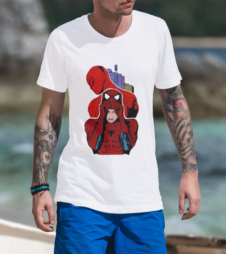 Marvel Spider Man Peter Parker Cityscape Collage T-Shirt