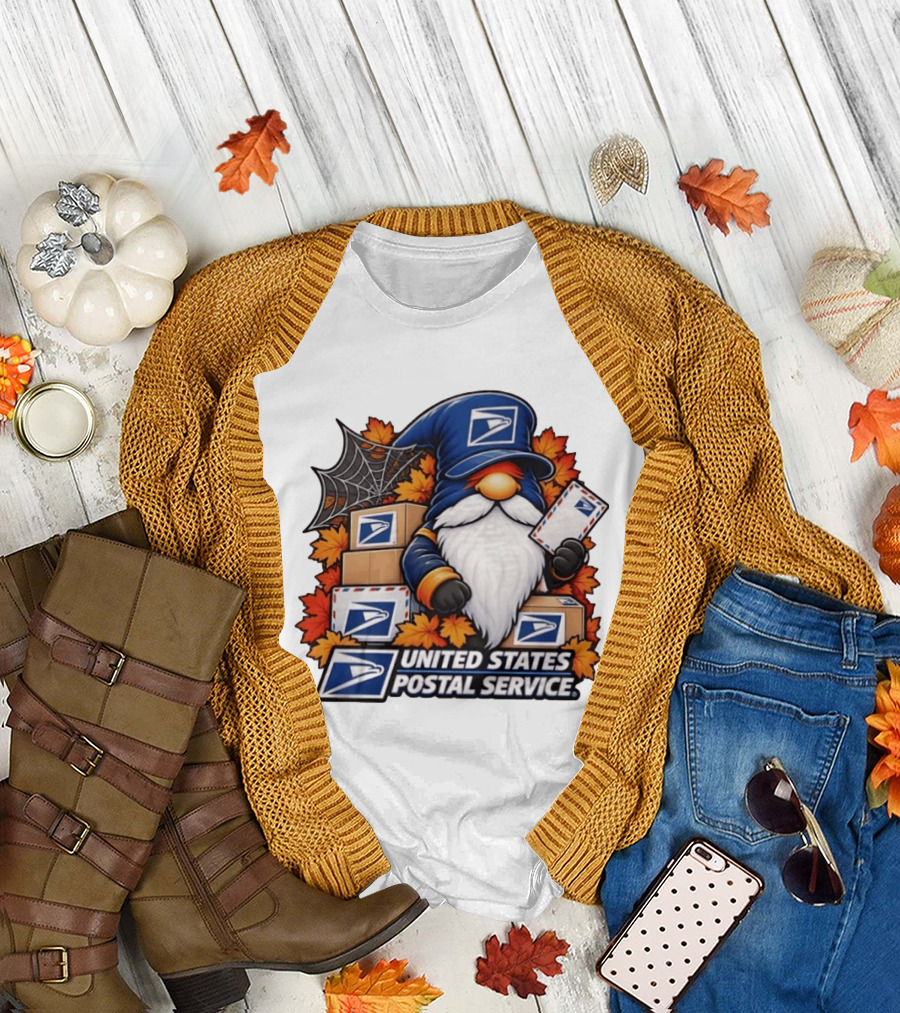 United States Postal Service Halloween Gnome With Mail And Fall Leaves T-Shirt