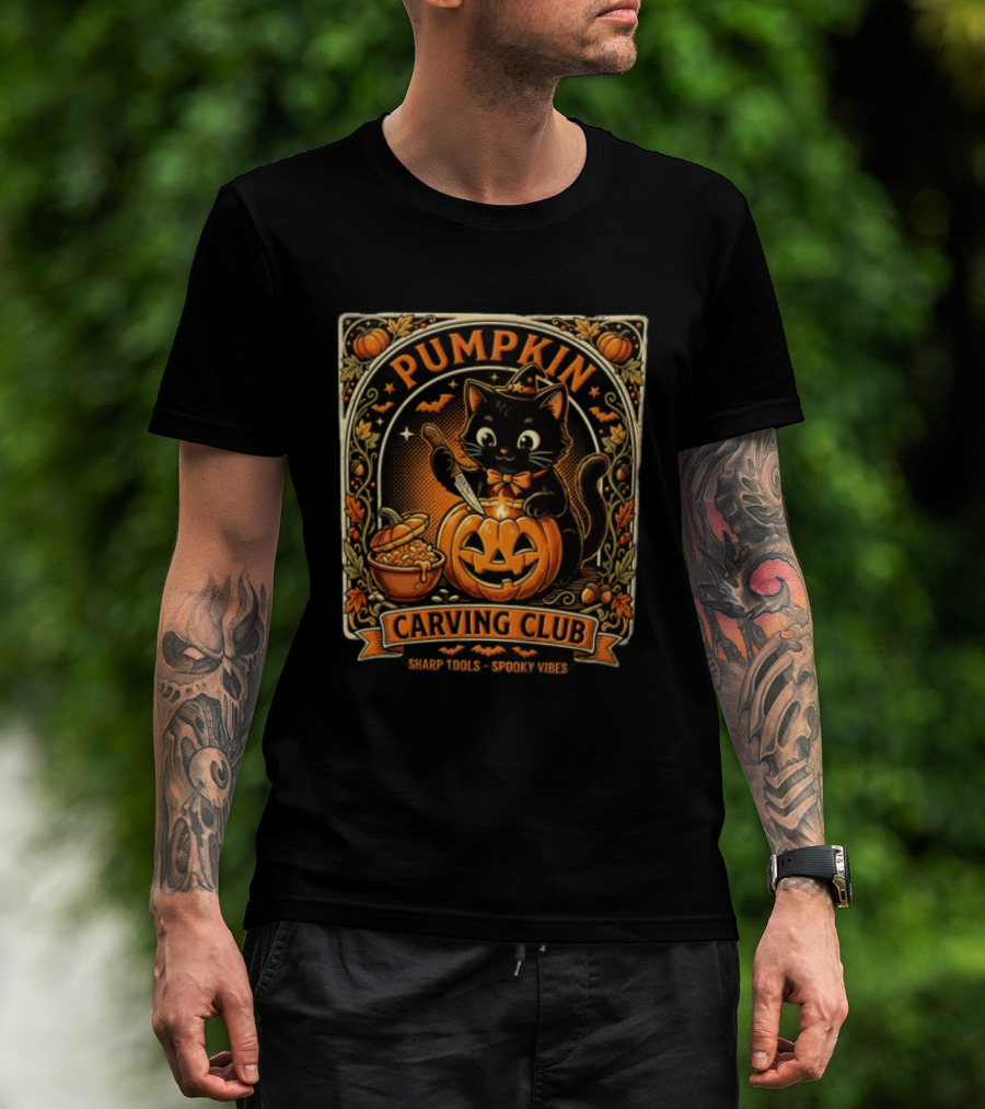 Pumpkin Carving Club Black Cat Sharp Tools Spooky Vibes T-Shirt