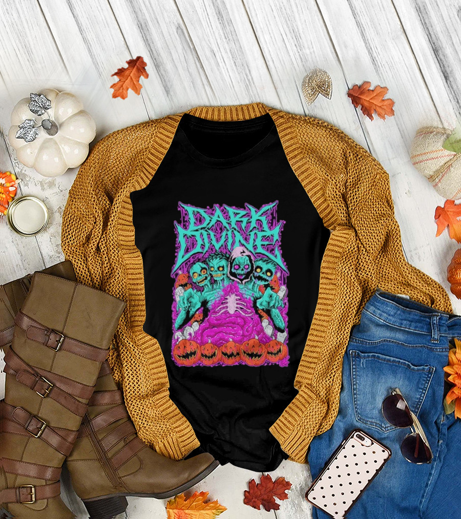 Dark Divine Skeletons With RIP Pumpkins T-Shirt