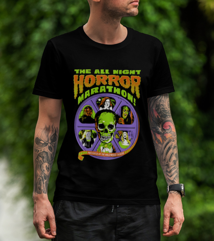 The All Night Horror Marathon Presented By The Hollywood Theatre Skulls And Monster Faces 2026 T-Shirt