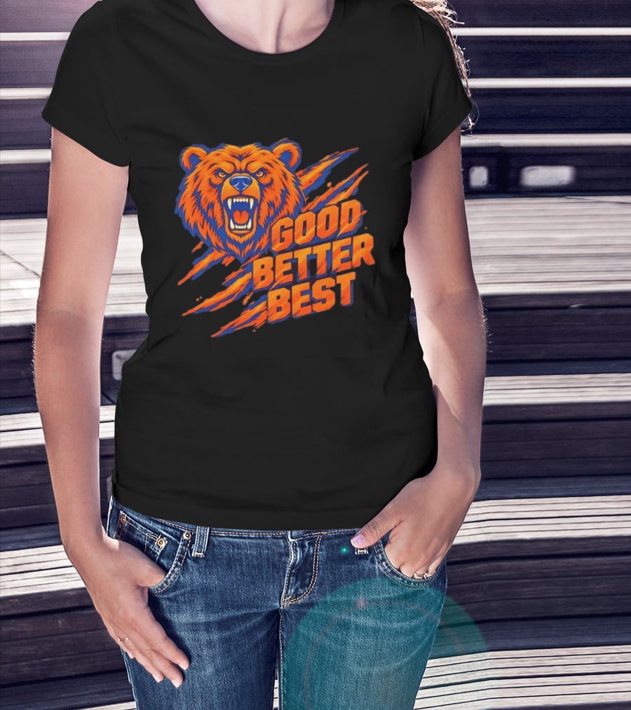 Good Better Best Grizzly Bear Claw Scratch Roaring Face Orange Blue T-Shirt