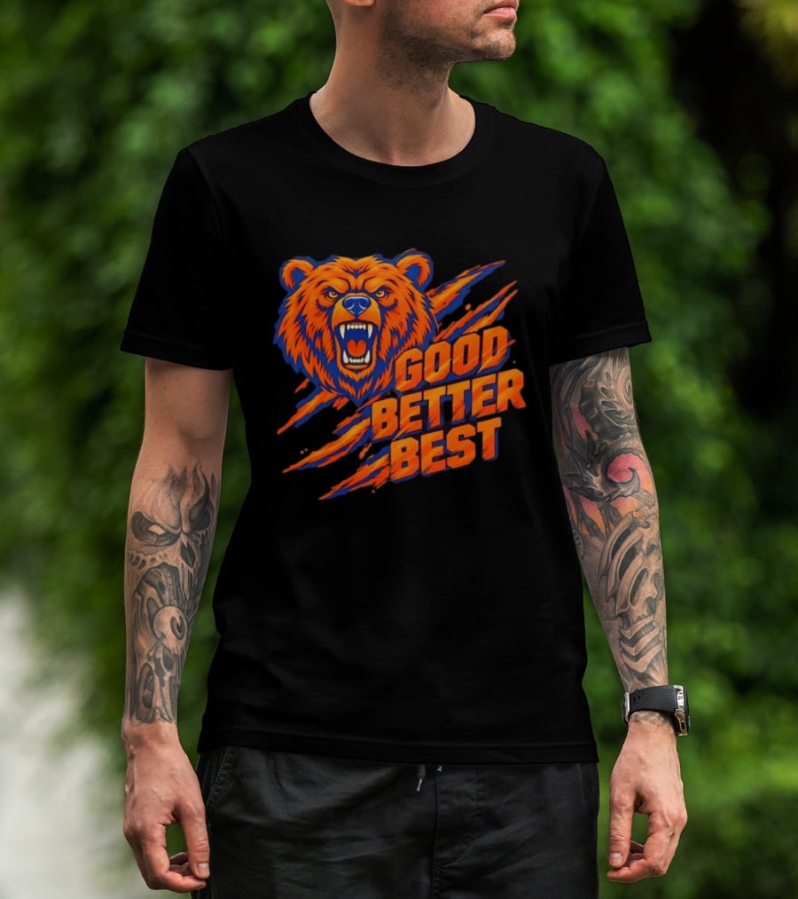Good Better Best Grizzly Bear Claw Scratch Roaring Face Orange Blue T-Shirt