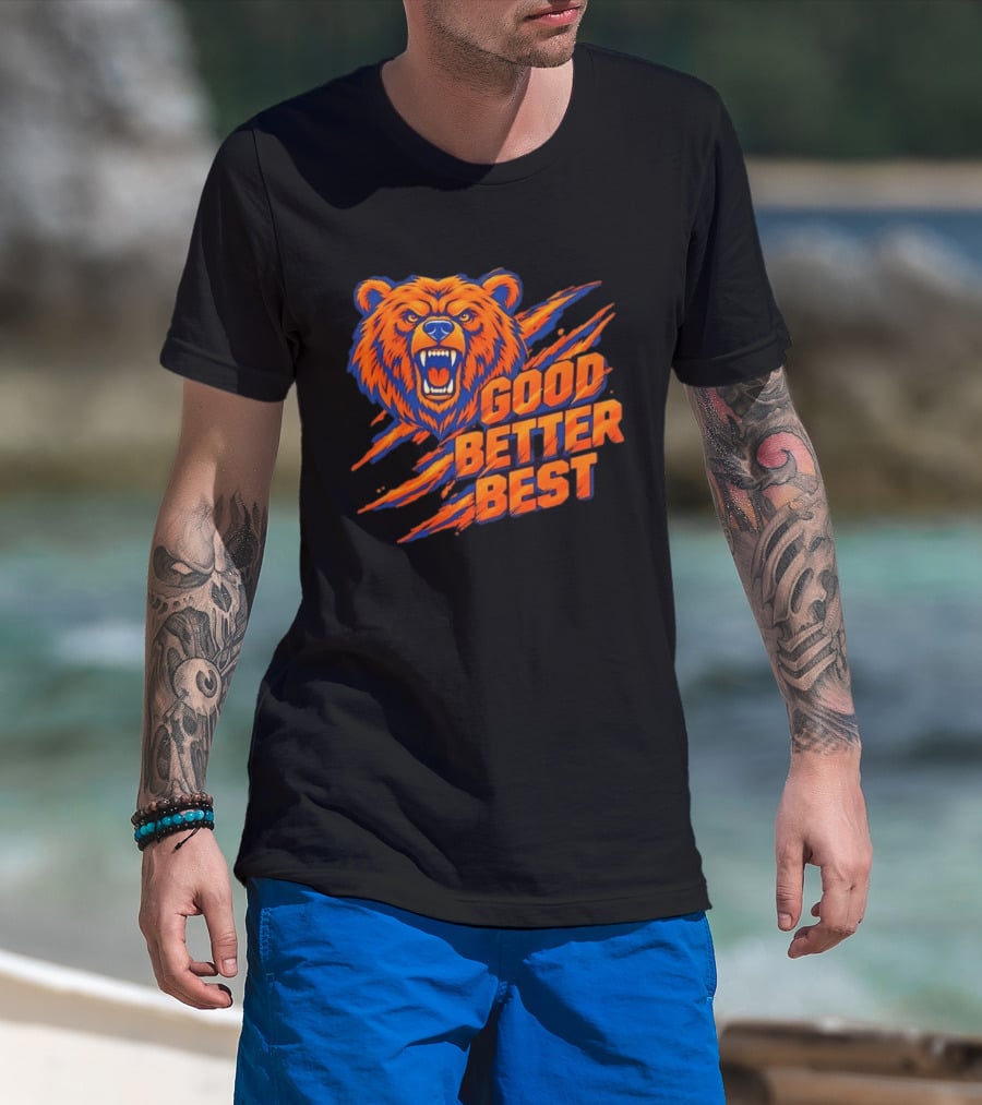 Good Better Best Grizzly Bear Claw Scratch Roaring Face Orange Blue T-Shirt