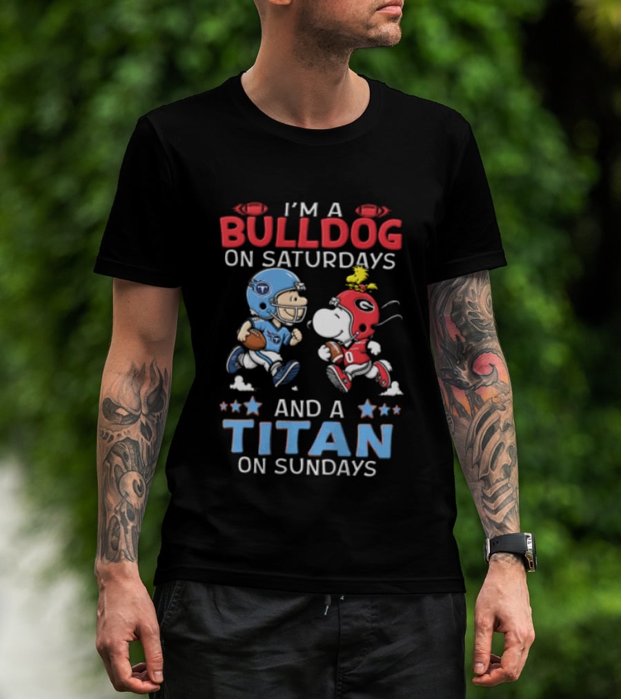 I'm A Bulldog On Saturdays And A Titan On Sundays Charlie Brown Snoopy Woodstock T-Shirt