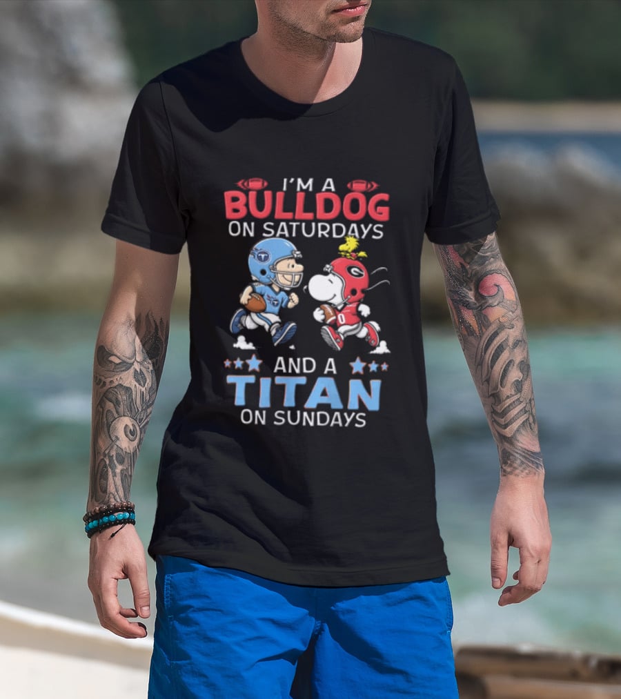 I'm A Bulldog On Saturdays And A Titan On Sundays Charlie Brown Snoopy Woodstock T-Shirt