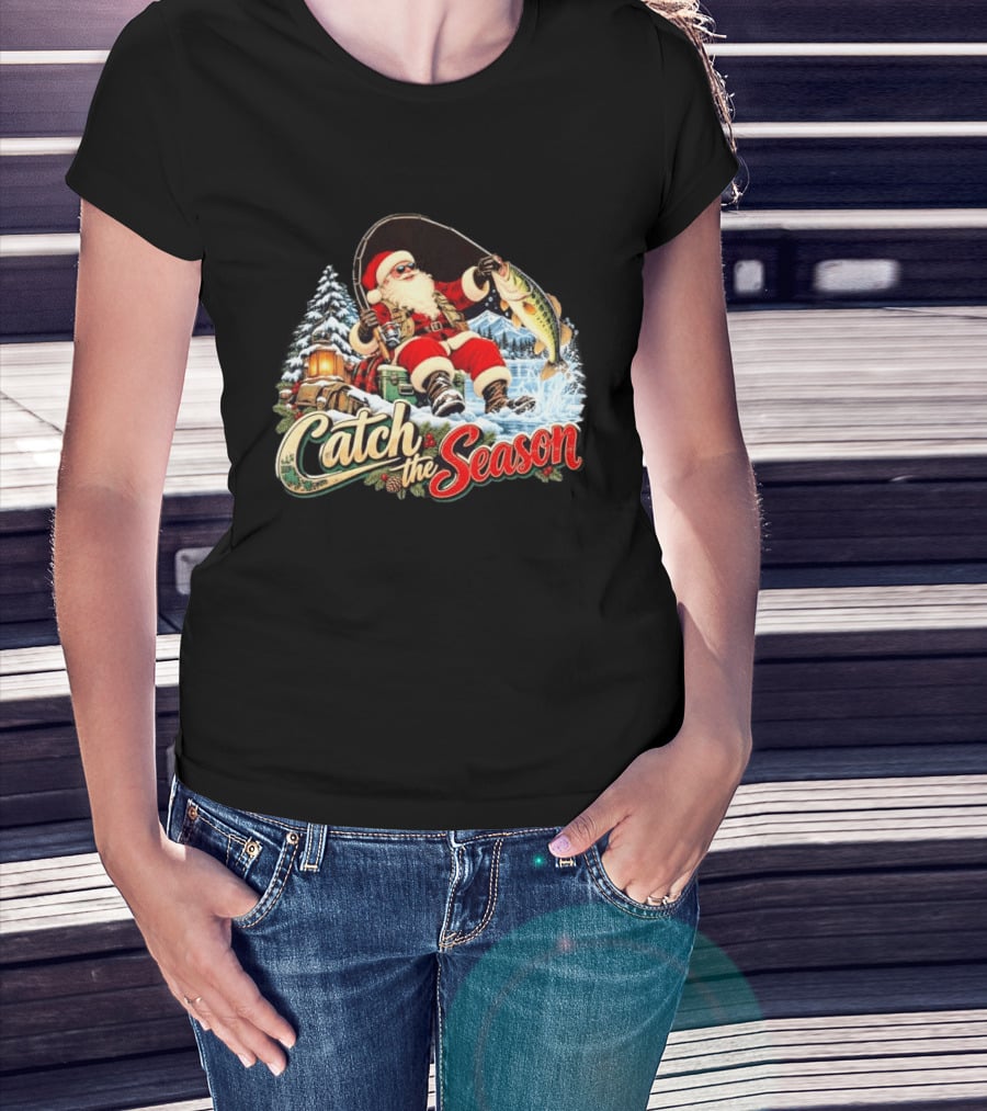 Catch The Season Santa Claus Fishing Christmas Snowy Scene T-Shirt