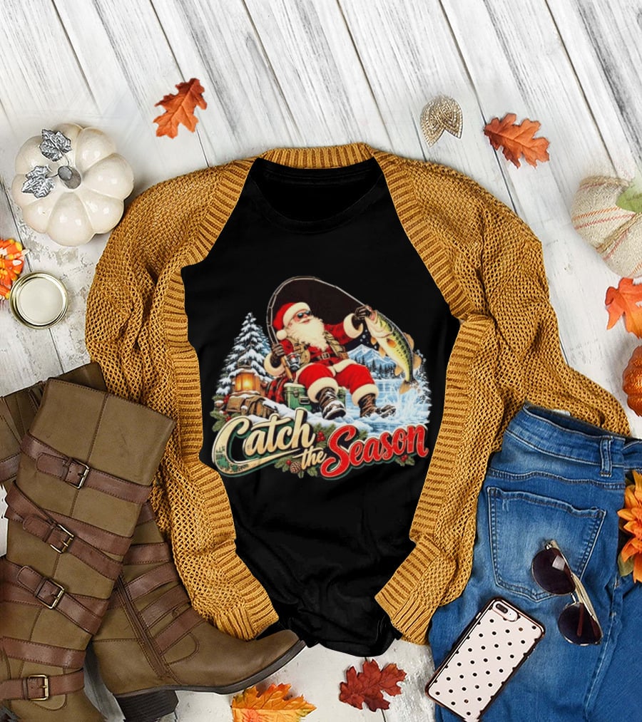 Catch The Season Santa Claus Fishing Christmas Snowy Scene T-Shirt