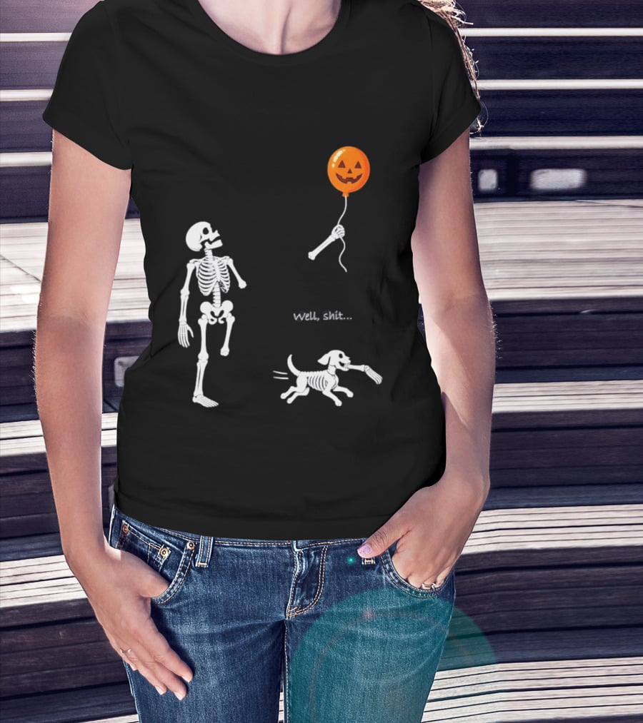 Skeleton Losing Halloween Pumpkin Balloon To Dog Well Shit T-Shirt