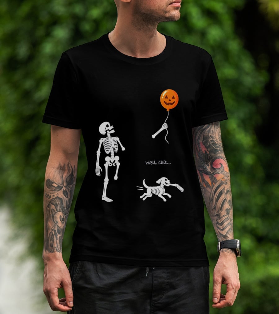 Skeleton Losing Halloween Pumpkin Balloon To Dog Well Shit T-Shirt