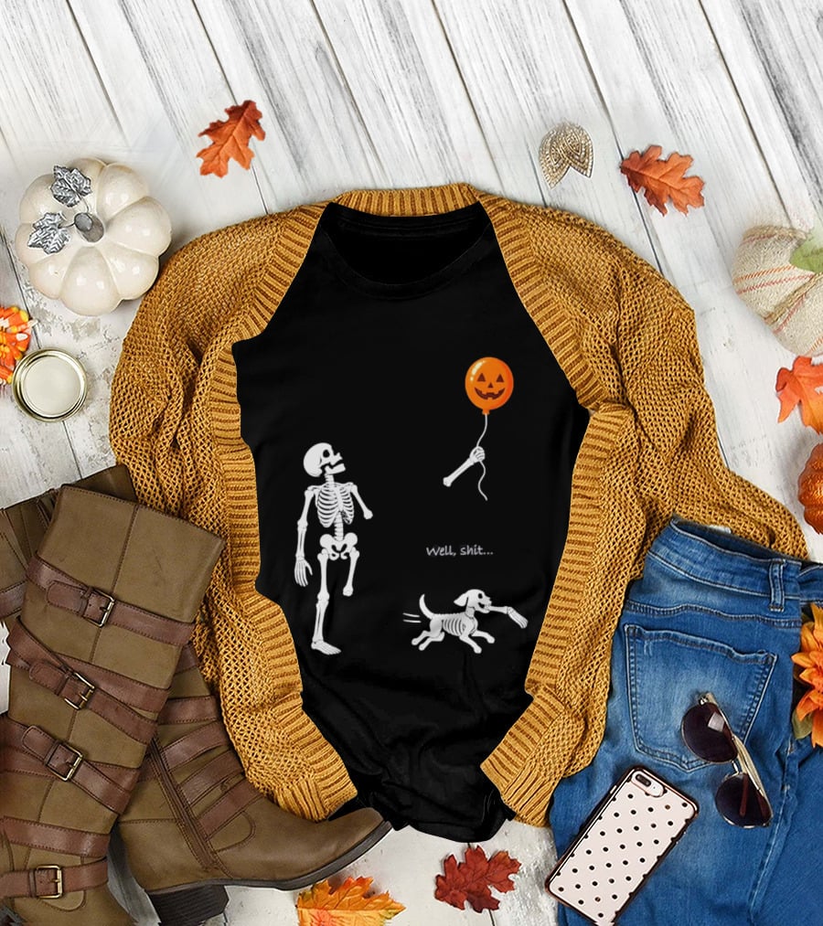 Skeleton Losing Halloween Pumpkin Balloon To Dog Well Shit T-Shirt