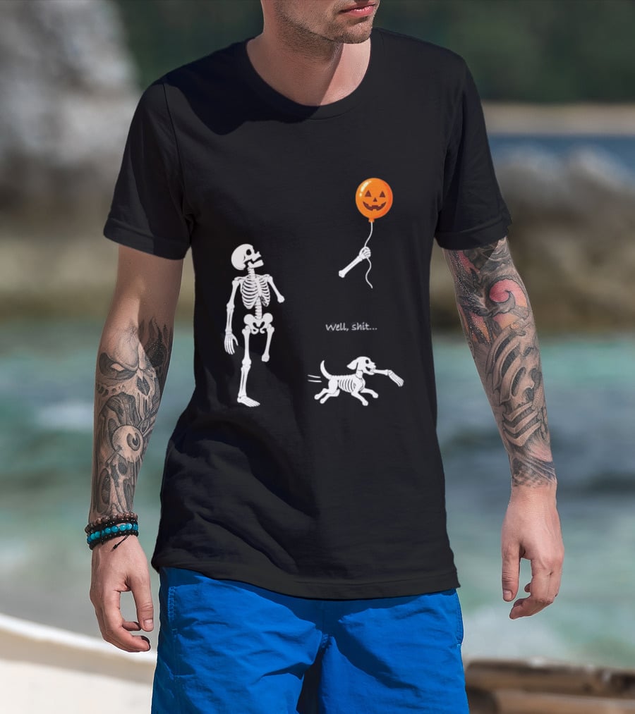Skeleton Losing Halloween Pumpkin Balloon To Dog Well Shit T-Shirt