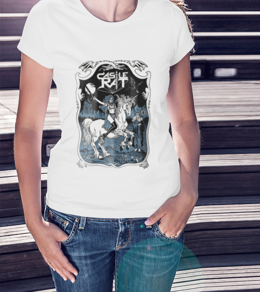 Castle Rat Warrior Woman Riding Unicorn Wizard Fantasy Scene T-Shirt