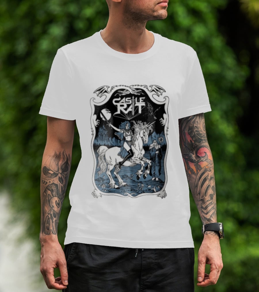 Castle Rat Warrior Woman Riding Unicorn Wizard Fantasy Scene T-Shirt