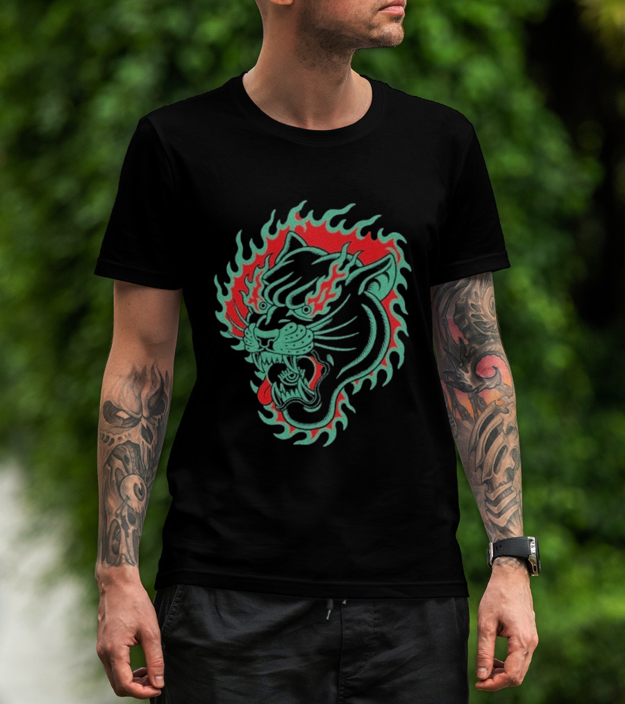 Bad Monday Panther Bite Heavy Flaming Green Red Panther T-Shirt