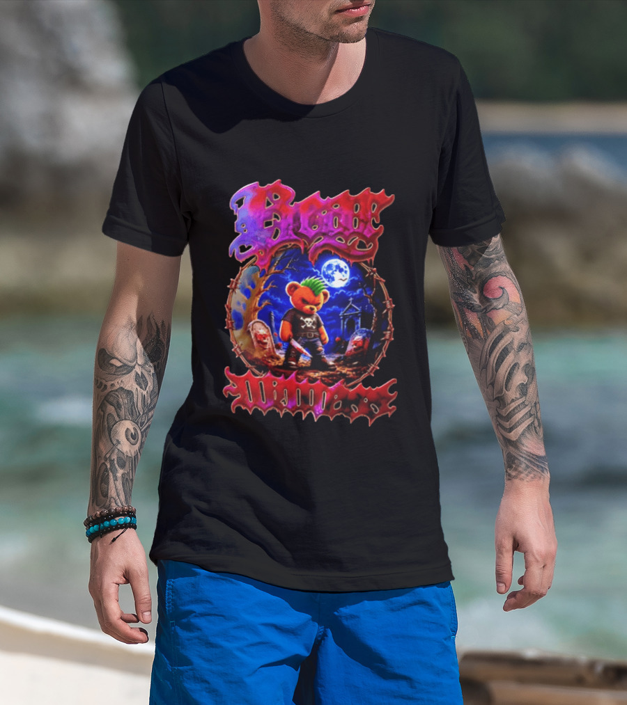 Bear Killers Punk Teddy Bear With Knife And Moonlit Graveyard Scene T-Shirt