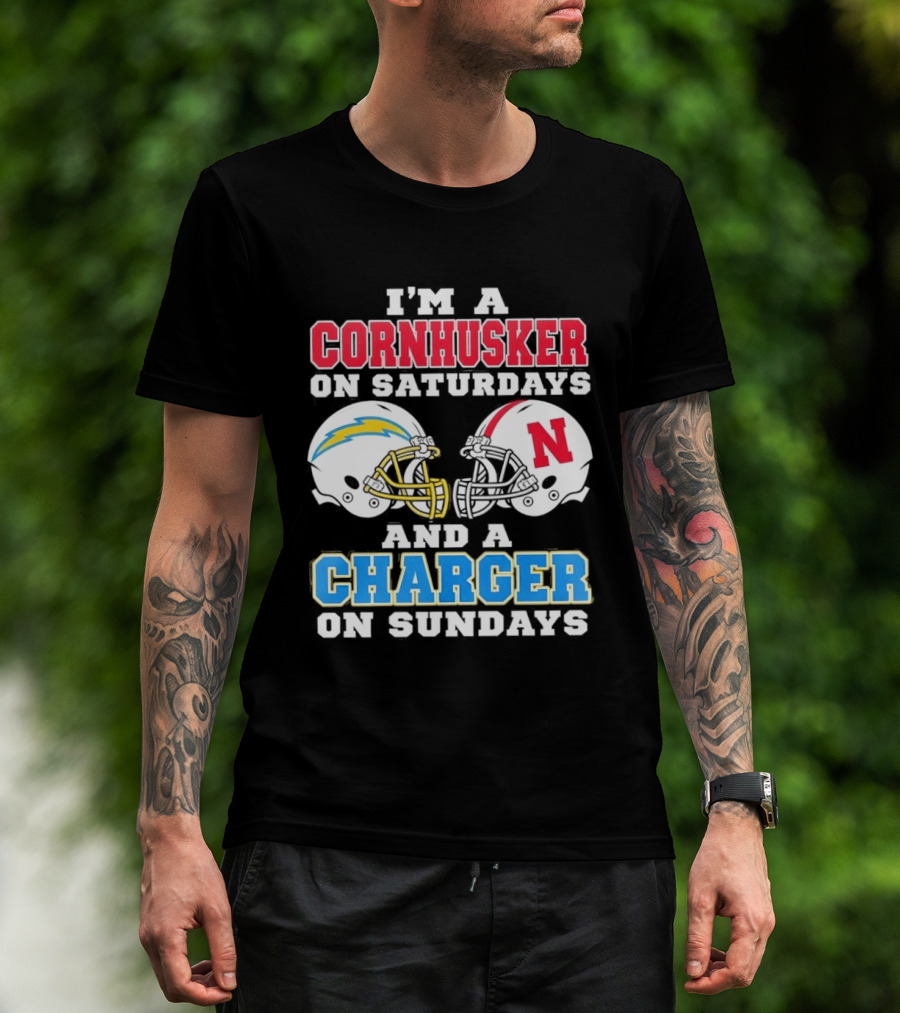 I'm A Cornhusker On Saturdays And A Charger On Sundays Football Fan Football Team Helmets T-Shirt