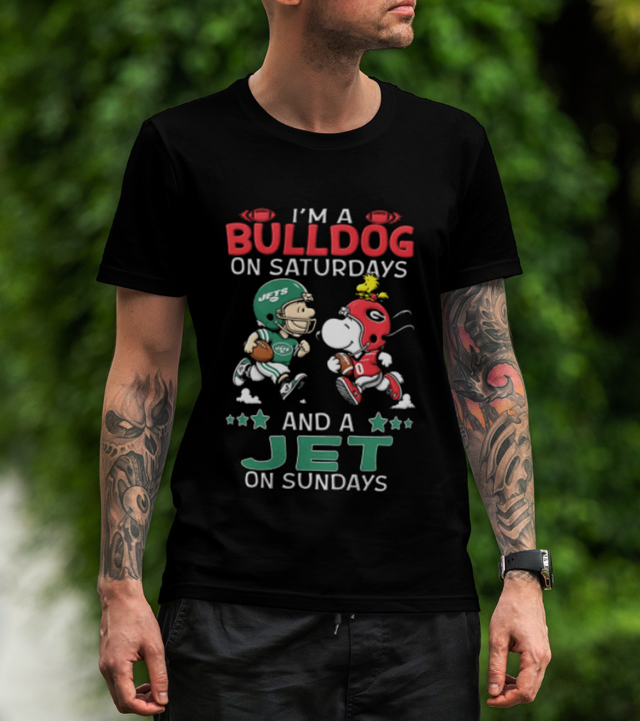 Charlie Brown Snoopy Woodstock I'm A Bulldog On Saturdays And A Jet On Sundays NCAAF NFL T-Shirt