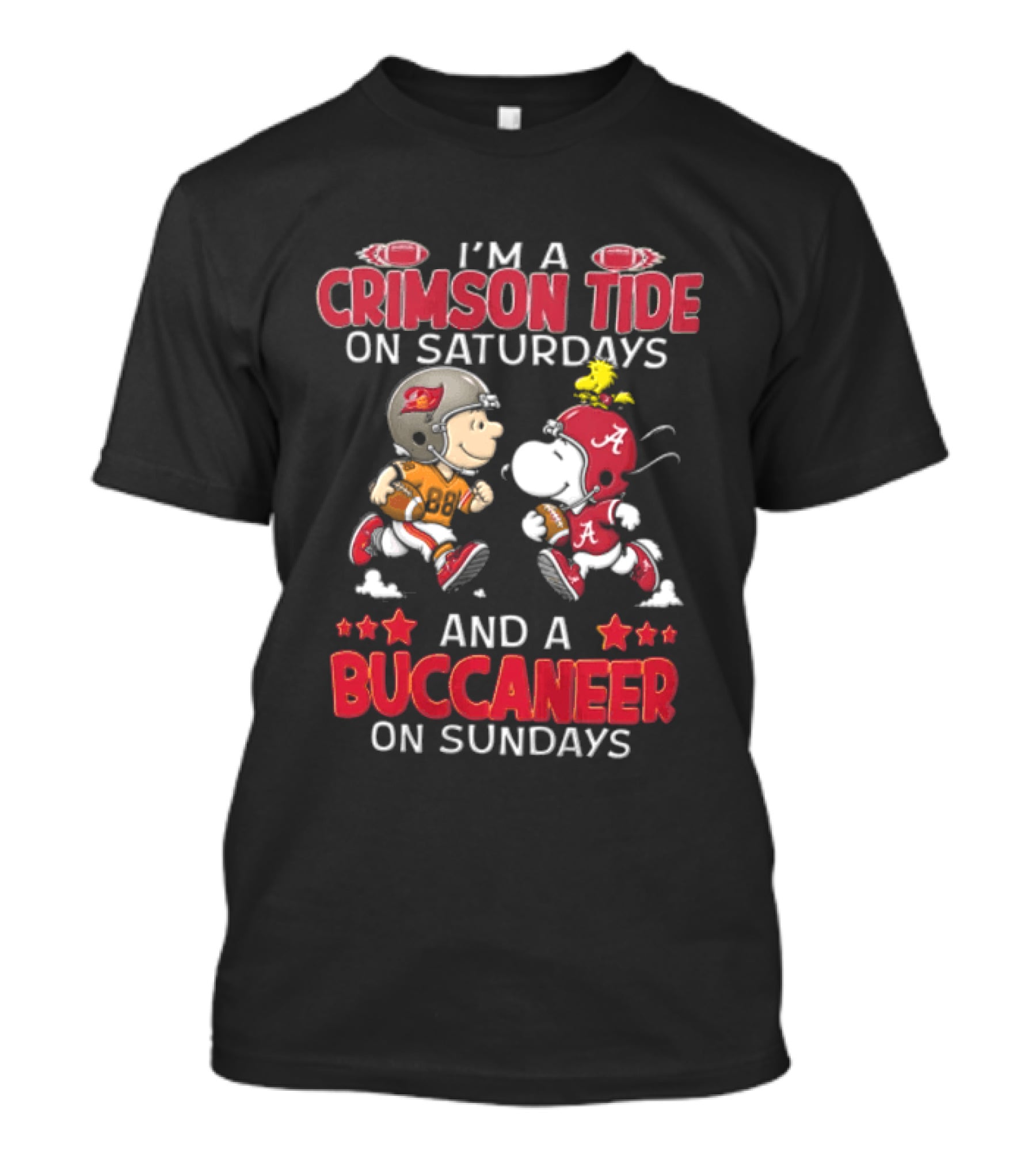 I'm A Crimson Tide On Saturdays And A Buccaneer On Sundays Charlie Brown Snoopy Woodstock T-Shirt